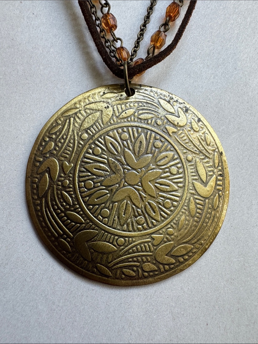 Triple chain Leather Beaded Necklace Brass like metal medallion pendant Bohemian